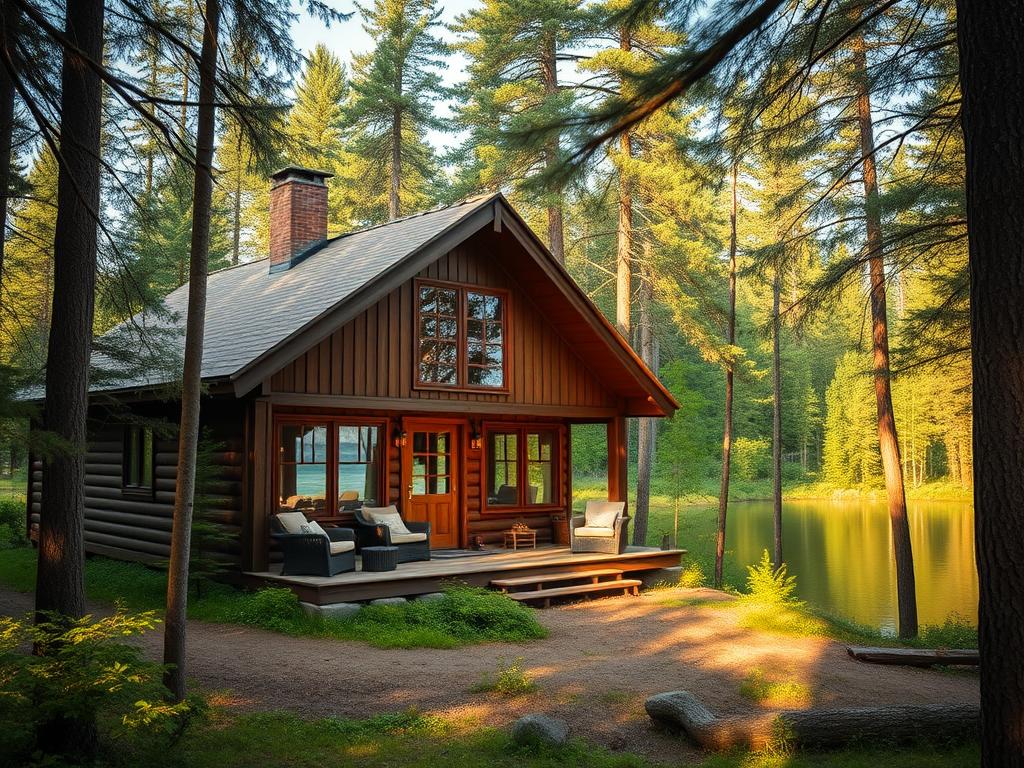 A serene woodland cabin nestled amidst the lush, verdant forests of Sweden. The structure's rustic timber exterior blends seamlessly with the surrounding nature, while large windows invite an abundance of natural light. A charming porch overlooks a tranquil lake, its still waters reflecting the towering pines. Cozy furnishings and a roaring fireplace create a warm, inviting atmosphere, perfect for a rejuvenating nature retreat. Soft, diffused sunlight filters through the canopy, casting a golden glow over the entire scene. The overall mood is one of peaceful solitude, allowing visitors to fully immerse themselves in the beauty of the Swedish wilderness. A serene woodland cabin nestled amidst the lush, verdant forests of Sweden. The structure's rustic timber exterior blends seamlessly with the surrounding nature, while large windows invite an abundance of natural light. A charming porch overlooks a tranquil lake, its still waters reflecting the towering pines. Cozy furnishings and a roaring fireplace create a warm, inviting atmosphere, perfect for a rejuvenating nature retreat. Soft, diffused sunlight filters through the canopy, casting a golden glow over the entire scene. The overall mood is one of peaceful solitude, allowing visitors to fully immerse themselves in the beauty of the Swedish wilderness.