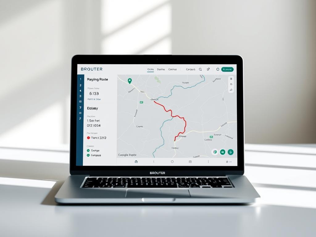 A sleek and modern open-source bicycle route planning app, BRouter, displayed on a laptop screen against a minimalist, light-filled workspace. The app's interface features clean lines, intuitive controls, and a map displaying a cycling route with detailed elevation data. The laptop is positioned at a slight angle, casting soft shadows and highlighting the app's elegant design. The background features muted shades of gray and white, creating a serene, focused atmosphere to showcase the thoughtful, functional nature of this powerful, community-driven routing tool.