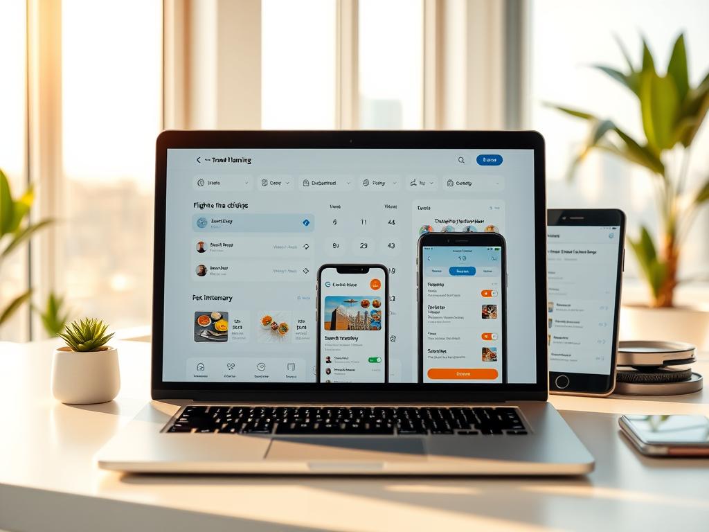 A sleek and modern travel planning tool set against a minimalist, light-filled workspace. The foreground features a laptop displaying a clean, user-friendly interface with intuitive icons and controls for booking flights, hotels, and activities. In the middle ground, a smartphone and tablet showcase synced itineraries and travel details. The background depicts a bright, airy room with large windows, potted plants, and a hint of city skyline outside, conveying a sense of productivity and relaxation. Warm, natural lighting accentuates the tool's streamlined design and the user's connected, on-the-go experience.