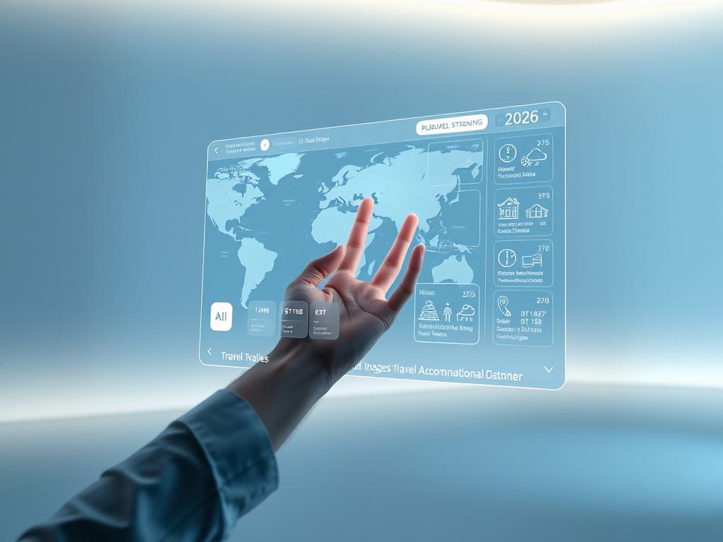 A sleek, futuristic digital travel planning interface floats in a serene, minimalist environment. A user's hand hovers over a transparent, holographic display, effortlessly manipulating travel routes, weather data, and accommodation options. The background is bathed in a soft, ambient glow, creating a sense of high-tech elegance. Subtle highlights and reflections add depth and dimension, while a cool color palette of blues and grays evokes a calm, sophisticated atmosphere. The overall scene conveys the seamless integration of technology and travel, hinting at the personalized, intuitive nature of digital travel planning in the year 2026.