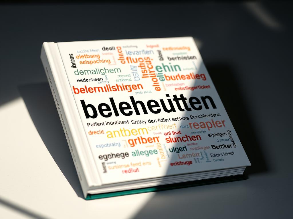 A sleek, modern book cover featuring a dynamic German word "beschleunigen" prominently displayed in the center, surrounded by a swirling array of synonyms in various typographic styles and colors, evoking a sense of speed and momentum. The foreground is sharp and in focus, while the background is softly blurred, creating depth and highlighting the key message. Dramatic side lighting casts dramatic shadows, adding depth and visual interest. The overall composition is balanced, clean, and visually striking, perfectly capturing the essence of the article's subject and section title.