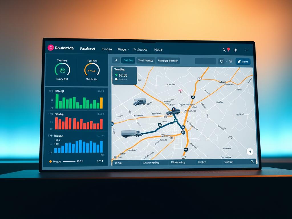A sleek, modern dashboard displaying a comprehensive route planning interface. In the foreground, a series of colorful icons and intuitive controls for mapping out efficient delivery routes, tracking vehicle locations, and optimizing schedules. The middle ground features a detailed map with highlighted routes, pinpointed stops, and vehicle icons moving dynamically. In the background, a clean, minimalist design with a subtle grid pattern and muted colors creates a professional, technology-driven atmosphere. Soft, directional lighting casts a warm glow, emphasizing the user-friendly layout and data-driven functionality of this state-of-the-art field service management tool.