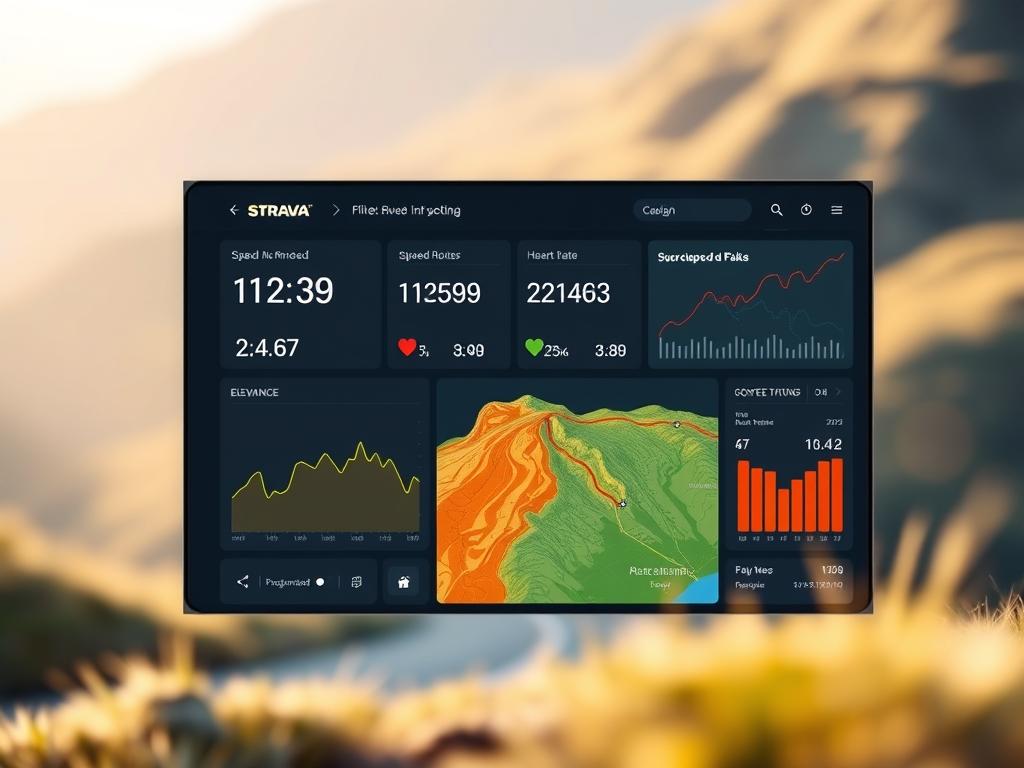 A sleek, modern dashboard for the Strava fitness tracking app, showcasing a detailed route planner interface. The foreground displays a vibrant map with elevation data and suggested bike paths, highlighted in bold colors. In the middle ground, performance metrics such as speed, distance, and heart rate are neatly arranged, providing a comprehensive overview of the user's cycling activity. The background features a minimalist, yet elegant design with subtle textures and gradients, creating a sense of sophistication and technological prowess. The overall scene is bathed in a warm, natural lighting, evoking a feeling of outdoor exploration and personal achievement.