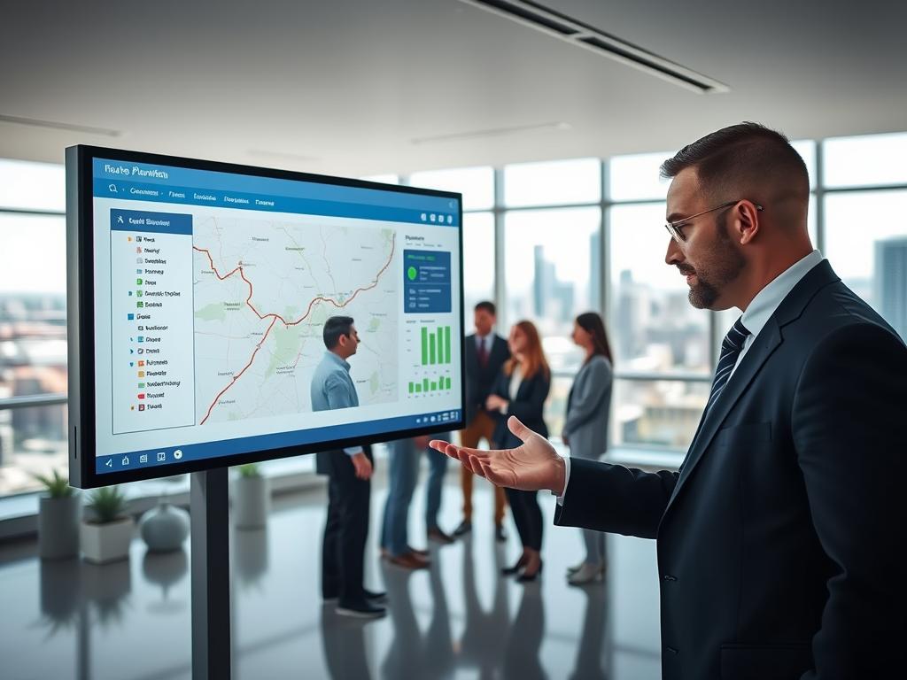 A sleek, modern office setting with a professional field service representative reviewing a digital route planning application on a large touchscreen display. The foreground features the representative, dressed in a sharp suit, intently studying the route optimization software. The middle ground showcases a team of colleagues gathered around the display, engaged in discussion. The background depicts a minimalist, well-lit workspace with large windows overlooking a bustling urban landscape. The lighting is soft and natural, highlighting the efficient, collaborative atmosphere. The overall scene conveys a sense of productivity, innovation and success in field service operations.