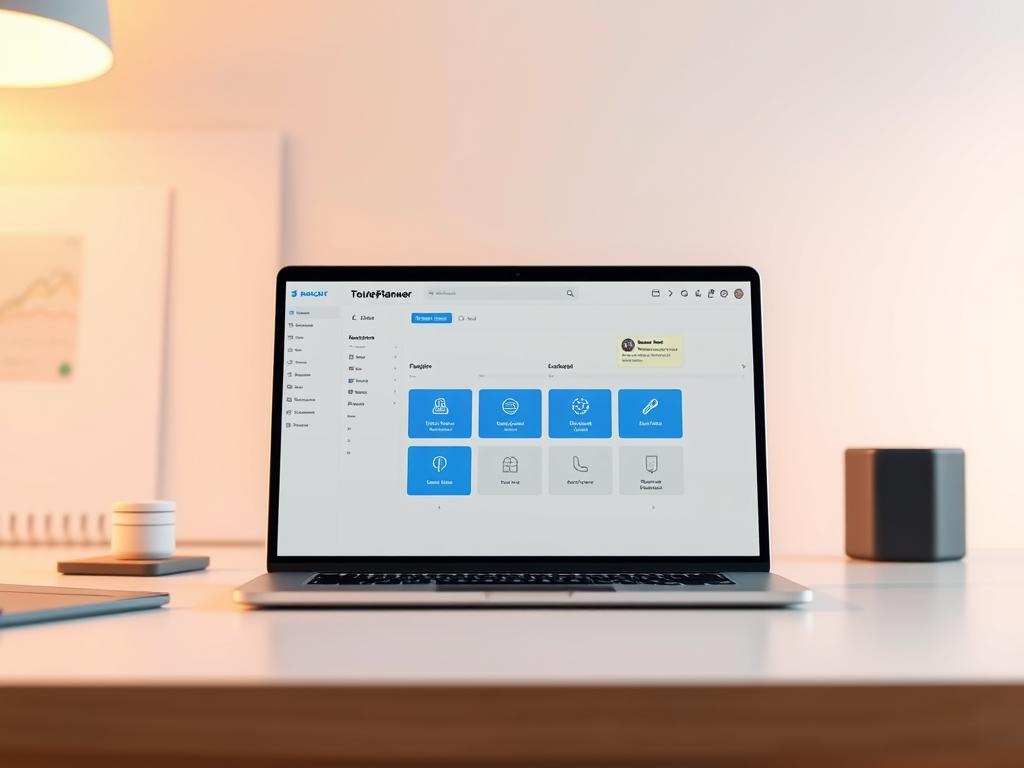 A sleek, modern software interface showcasing the key features of a free "Tourenplaner Außendienst" (field service route planner) application. The interface is displayed on a laptop or tablet screen, positioned prominently in the center of the frame. The background is a minimalist, clean workspace, with subtle grid patterns and geometric shapes hinting at the software's organizational capabilities. Warm, soft lighting creates a professional, productive atmosphere. The user interface is designed with intuitive icons, clean typography, and a color palette of blues and grays, conveying a sense of efficiency and practicality. The overall composition effectively highlights the key benefits of the route planning software for field service operations.
