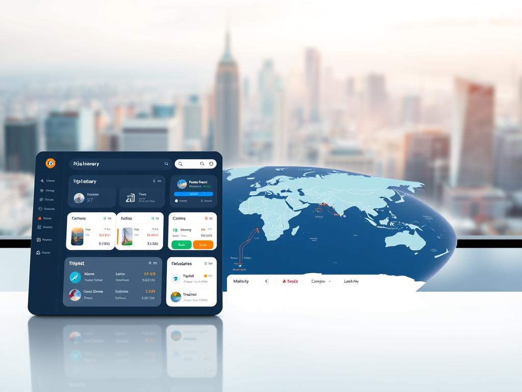 A sleek, modern travel planning tool interface, with a clean and intuitive layout. The foreground features an interactive dashboard displaying trip details, itinerary, and booking information. In the middle ground, a dynamic map showcases travel routes and locations. The background has a subtle, blurred cityscape with iconic landmarks, conveying a sense of exploration and global connectivity. The lighting is soft and directional, creating depth and highlighting key UI elements. The overall atmosphere is one of efficiency, organization, and the excitement of journey planning.