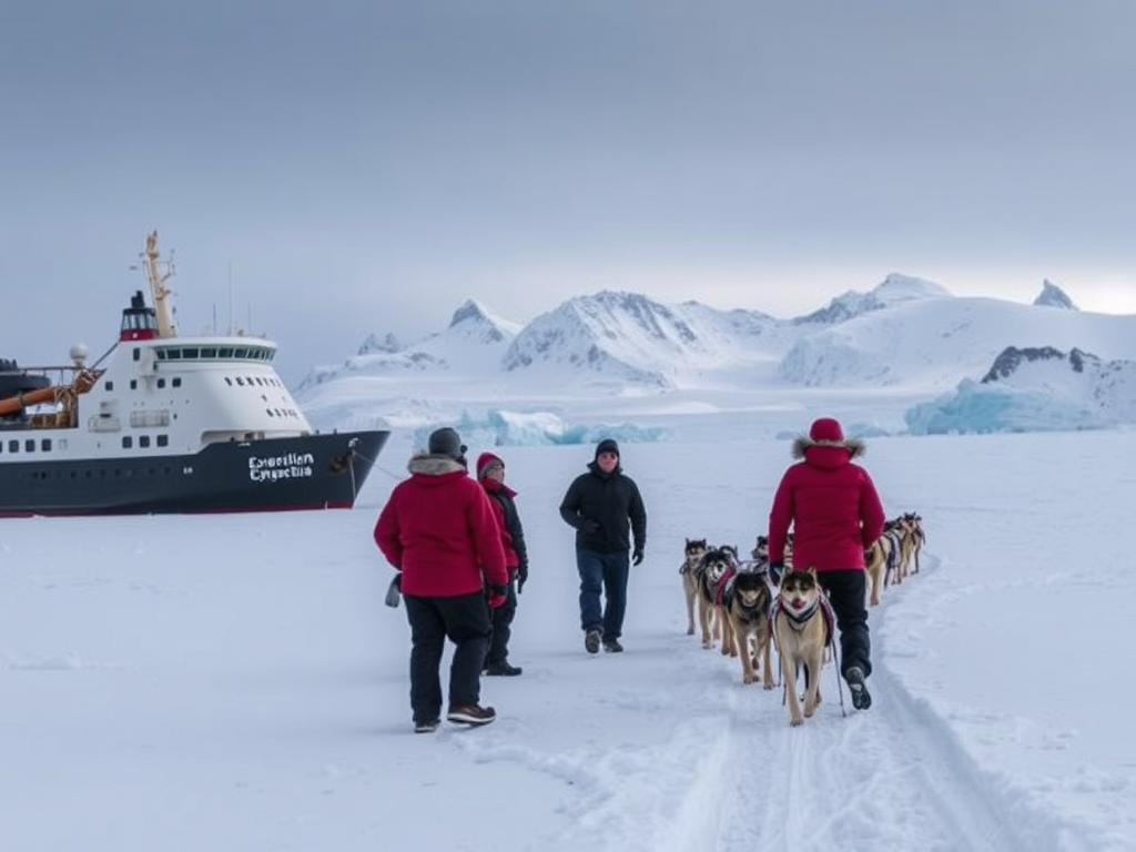 A snow-covered Antarctic landscape, with a group of explorers bundled in warm winter gear standing at the edge of a vast, frozen sea. In the foreground, a sturdy expedition ship sits anchored, its hull reflecting the muted colors of the overcast sky. In the middle ground, a team of sled dogs pulls a laden sled across the pristine, icy terrain, their breath visible in the crisp air. In the background, towering glaciers and jagged, snow-capped peaks rise up, casting long shadows across the frozen expanse. The scene conveys a sense of adventure, exploration, and the raw, untamed beauty of the Antarctic wilderness, setting the stage for the viewer's immersive journey to this remote and captivating destination.