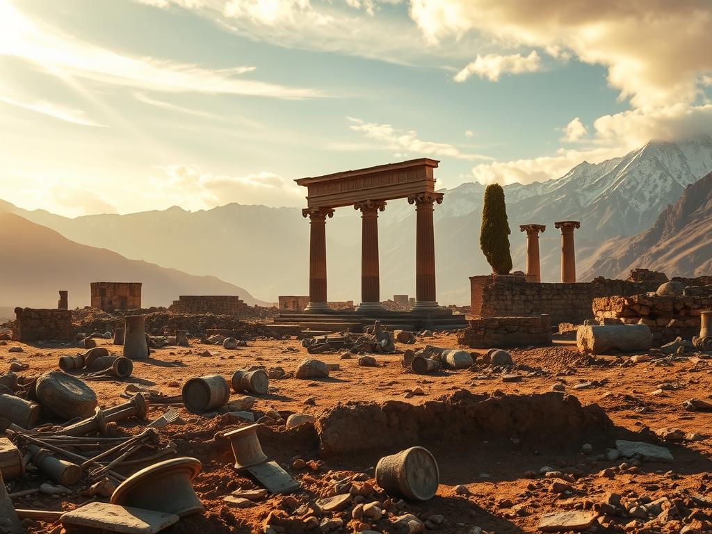 A sprawling landscape of historic discoveries, illuminated by warm, golden sunlight filtering through wispy clouds. In the foreground, ancient artifacts and relics lie partially unearthed, their weathered surfaces hinting at untold stories. Towering, moss-covered ruins rise in the middle ground, their grand archways and crumbling columns evoking a sense of wonder and the passage of time. In the distant background, a range of rugged, snow-capped mountains stands as a testament to the remote and challenging environments where these remarkable findings were made. The scene exudes a serene, contemplative atmosphere, inviting the viewer to imagine the excitement and thrill of these remarkable expeditions.
