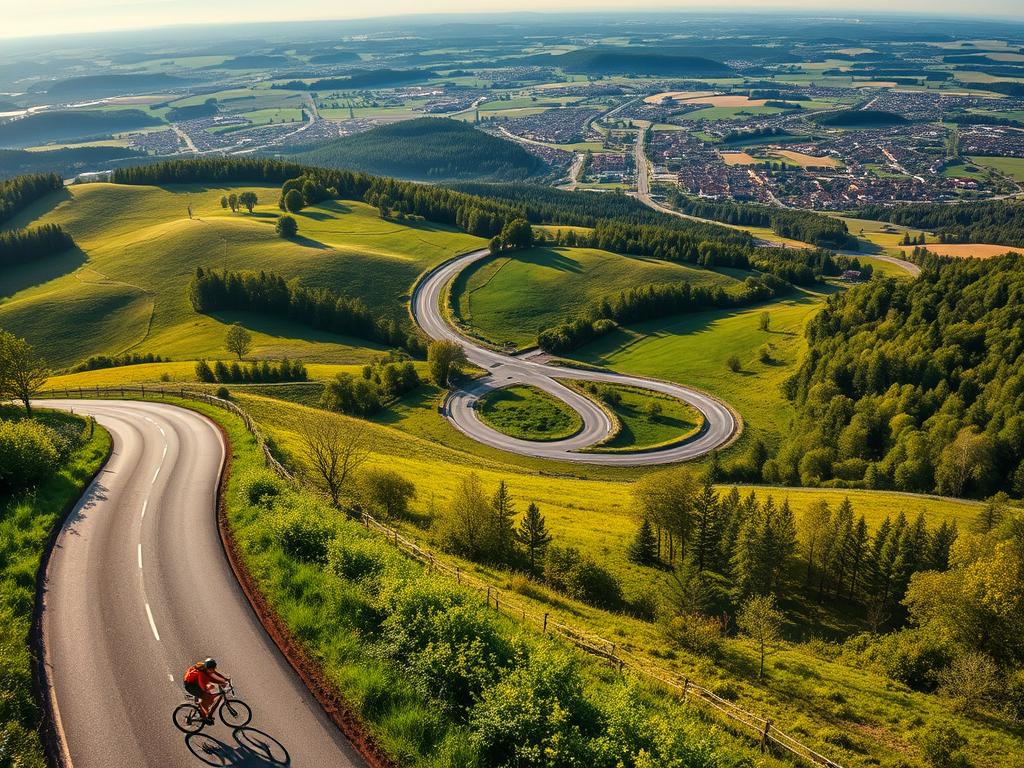 A sprawling network of bicycle paths crisscrossing the German landscape, Radwege-Netz Deutschland. A sun-dappled countryside vista, rolling hills and lush forests framing the winding routes. In the foreground, a cyclist glides along a well-paved path, surrounded by vibrant greenery. The middle ground reveals a junction where multiple paths converge, inviting exploration. In the distance, the network extends as far as the eye can see, connecting towns and cities in a seamless web of cycling infrastructure. Captured with a wide-angle lens, the scene conveys a sense of expansive possibility, beckoning the viewer to discover Germany's comprehensive bicycle route system. Warm, golden light filters through the scene, evoking a mood of tranquility and adventure.
