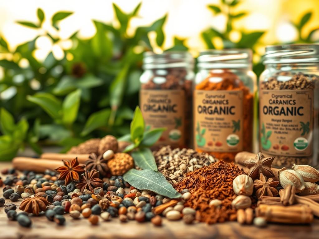 A still life scene depicting a variety of high-quality organic spices. In the foreground, an assortment of whole spices such as peppercorns, cinnamon sticks, star anise, and cardamom pods are arranged on a rustic wooden surface. The middle ground features glass jars filled with ground spices, their labels indicating the diverse origins and sustainable farming practices. In the background, lush green foliage and warm lighting create a soothing, natural atmosphere, conveying a sense of care and quality in the spice production process. The image should have a soft, diffused lighting, showcasing the rich colors and textures of the spices with a sense of artisanal craftsmanship.