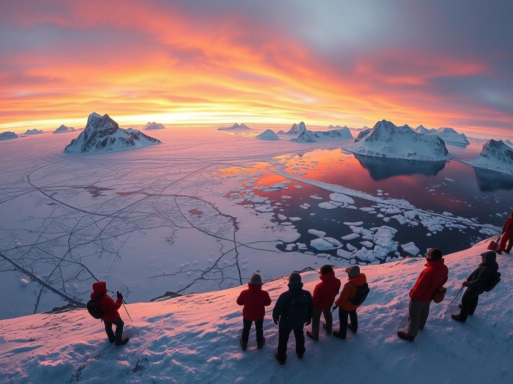 A stunning aerial vista of the Antarctic landscape, captured in the golden glow of the setting sun. In the foreground, a group of adventurers stand in awe, their parkas and expedition gear adding a sense of exploration and discovery. The middle ground reveals a vast expanse of pristine, icy terrain, dotted with towering glaciers and snow-capped peaks. In the distance, the horizon is painted with a breathtaking display of oranges and pinks, reflecting off the mirror-like surface of a frozen lake. The scene conveys a sense of wonder, adventure, and the awe-inspiring power of nature. Cinematic lighting, a wide-angle lens, and a low camera angle combine to create an immersive, panoramic image that invites the viewer to experience the majesty of "Antarktis Abenteuer".