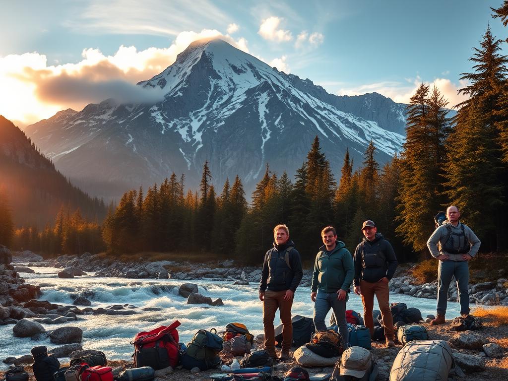 A stunning mountain landscape with a rugged, snow-capped peak in the distance, partially obscured by wispy clouds. In the foreground, a group of adventurers stand at the edge of a rushing river, their gear and supplies spread out around them as they plan their next thrilling excursion. The warm, golden light of the setting sun filters through the trees, casting a romantic glow over the scene. The adventurers' faces are focused and determined, their expressions conveying a sense of excitement and anticipation for the journey ahead. The overall atmosphere is one of exploration, discovery, and the promise of an unforgettable adventure.