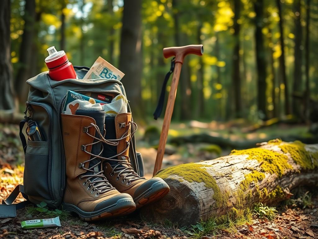 A stunning outdoor scene showcasing the essential preparations for an invigorating hike through Germany's ancient landscapes. In the foreground, a well-organized backpack filled with hiking essentials - sturdy boots, water bottle, snacks, and a folded map. Midground, a weathered wooden walking stick leans against a moss-covered log, evoking the rugged, timeless nature of the trail. In the background, a sun-dappled forest canopy frames the scene, casting warm, golden light over the tranquil setting. Capture the sense of anticipation and adventure as one readies for an immersive journey into the heart of Germany's untamed natural beauty.