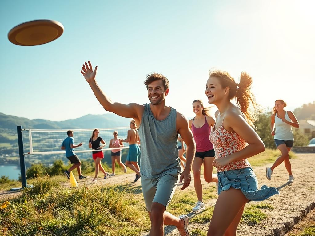 A sun-dappled outdoor scene, showcasing a group of singles engaged in a variety of lively sports activities. In the foreground, a couple of young adults are playfully tossing a frisbee, their faces alight with carefree joy. In the middle ground, a mixed group of individuals are participating in a spirited game of beach volleyball, their dynamic movements captured in mid-action. Further back, a lone figure is seen jogging along a scenic trail, surrounded by lush greenery and rolling hills. The atmosphere is one of vibrant energy and social connection, with a warm, golden light filtering through the scene, creating a sense of relaxation and adventure. The overall composition conveys the spirit of an active, social "Sporturlaub" holiday for singles.