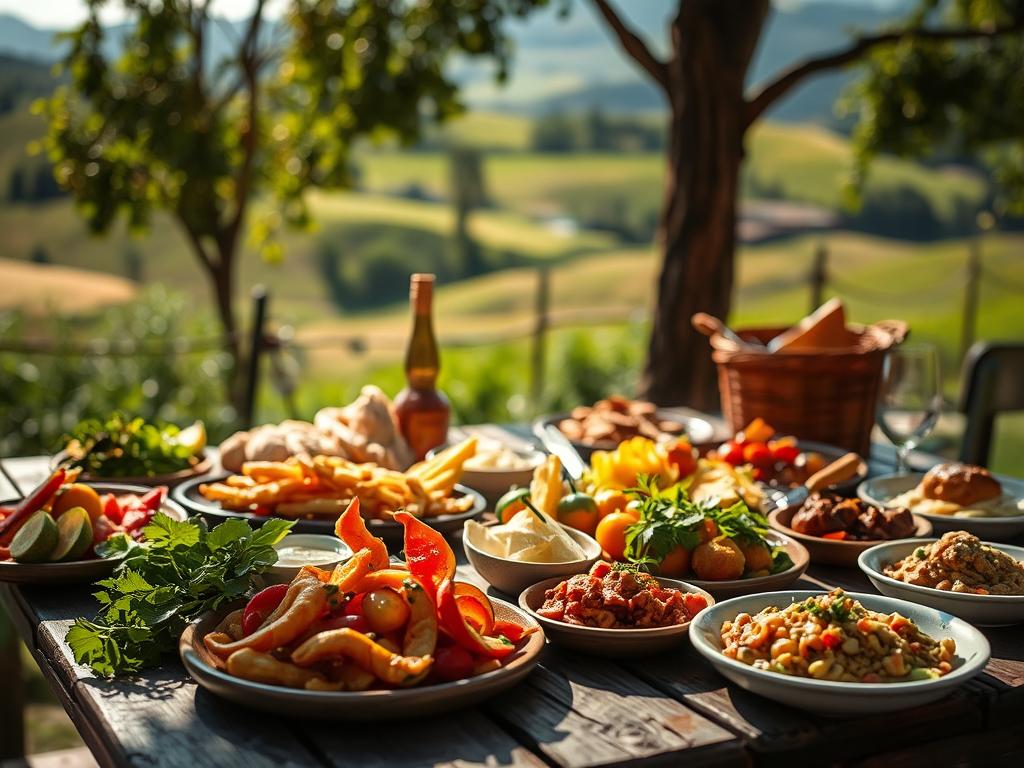 A sun-dappled outdoor setting, with a wooden table laden with an array of tempting culinary delights. In the foreground, a vibrant assortment of freshly prepared dishes, their colors and textures inviting exploration. The middle ground features a pastoral scene, with rolling hills and lush greenery, hinting at the origin of the local ingredients. The background is softly blurred, creating a sense of warm intimacy, as if this were a hidden oasis, a secret escape from the everyday. Soft, natural lighting illuminates the scene, casting gentle shadows and highlighting the textures of the food and the weathered wood of the table. The overall mood is one of tranquility and discovery, inviting the viewer to savor the moment and embrace the joys of a culinary adventure.