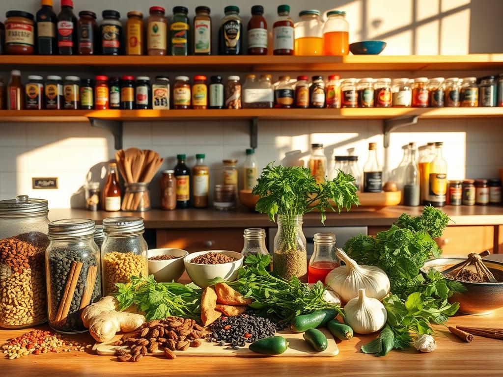 A sunlit kitchen counter showcases an array of vibrant spices, herbs, and seasonings from around the world. In the foreground, an assortment of glass jars and ceramic bowls hold fragrant cumin, cardamom, cinnamon sticks, peppercorns, and dried chili peppers. In the middle ground, a cutting board with freshly chopped ginger, garlic, and a variety of leafy greens adds a natural, earthy element. The background features a wall of wooden shelves displaying an eclectic collection of international condiments, oils, and spice blends, casting warm, golden shadows across the scene. The overall mood is one of culinary exploration, global inspiration, and the rich diversity of flavors that can be integrated into everyday home cooking.
