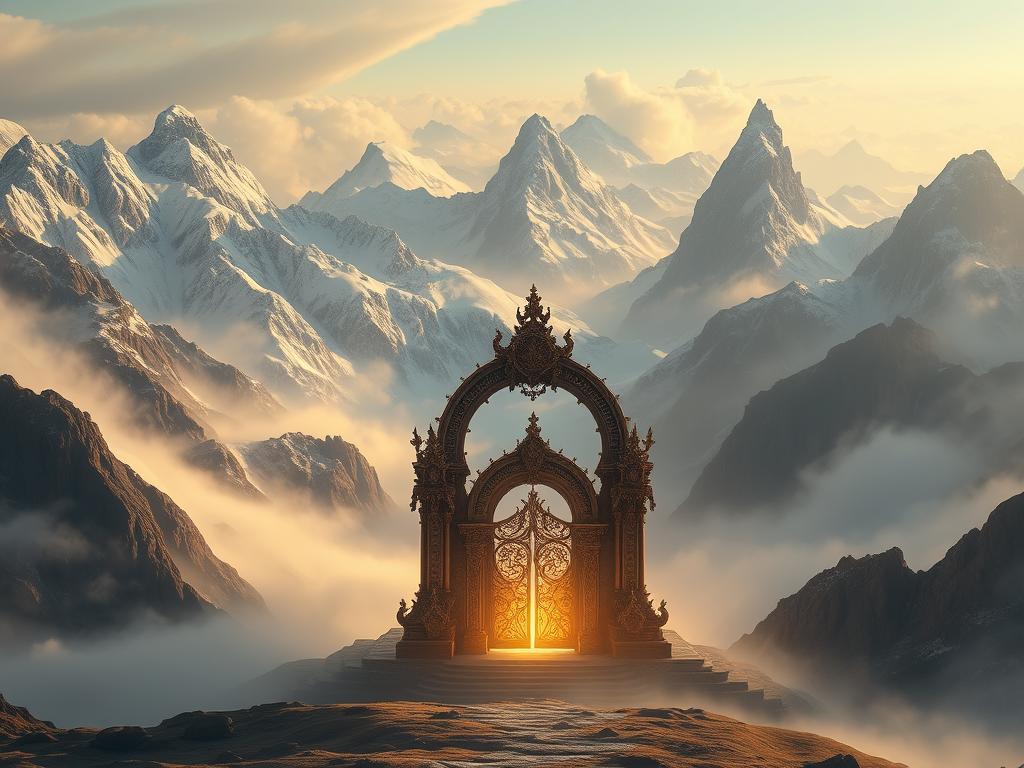 A sweeping, mythical landscape unfolds, where fantastical realms collide. In the foreground, a grand, ethereal gateway stands, its intricate designs and glowing aura beckoning the viewer to venture forth. Towering mountains stretch towards the heavens, their peaks capped with shimmering, otherworldly snow. Swirling mists shroud the distant horizons, hinting at the mysteries that lie beyond. Soft, warm lighting bathes the scene, creating an air of enchantment and wonder. The entire composition evokes a sense of timelessness, as if this place exists outside the bounds of the ordinary world, inviting the viewer to discover the legends that dwell within.