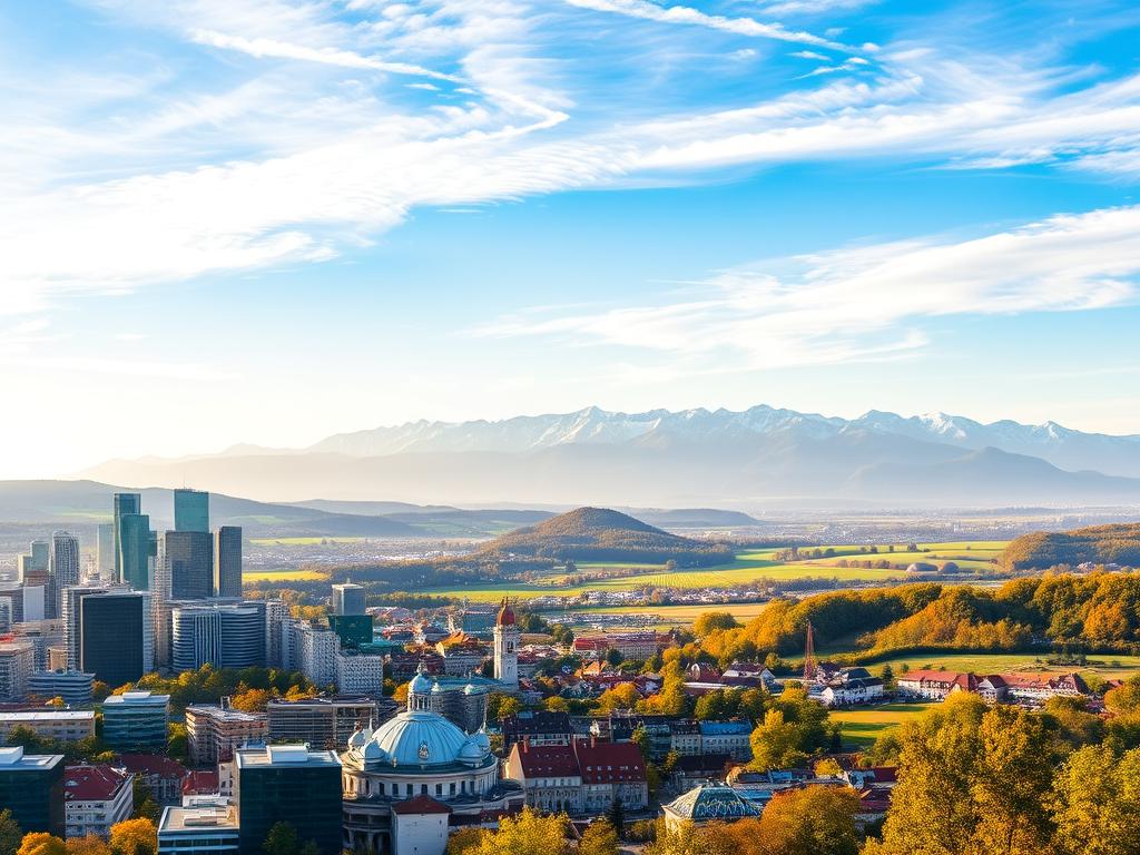 A sweeping panorama of Germany's most beloved travel destinations for 2026. In the foreground, a bustling city skyline with modern high-rises and historic landmarks. In the middle ground, a tranquil countryside dotted with charming villages, lush vineyards, and rolling hills. In the background, majestic snow-capped mountains rise against a vibrant, sun-dappled sky. The scene is illuminated by warm, golden lighting, creating a serene and inviting atmosphere. The composition captures the diversity and allure of Germany's top travel spots, enticing viewers to explore this captivating destination.