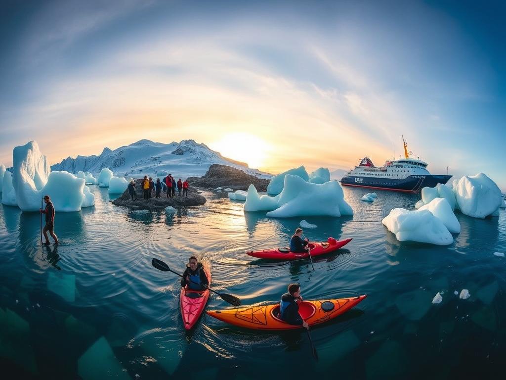 A sweeping panorama showcasing the diverse activities of Quark Expeditions' arctic and polar adventures. In the foreground, a group of adventurers kayak through crystalline waters, surrounded by majestic icebergs illuminated by the soft, golden light of the midnight sun. In the middle ground, hikers traverse a rugged, snow-capped landscape, exploring ancient glacial formations and indigenous wildlife. In the background, a research vessel cuts through the icy seas, its state-of-the-art equipment ready to uncover the secrets of the polar regions. The scene exudes a sense of wonder, discovery, and the thrill of exploration, capturing the essence of Quark Expeditions' commitment to immersive, authentic experiences in the earth's most remote and captivating destinations.