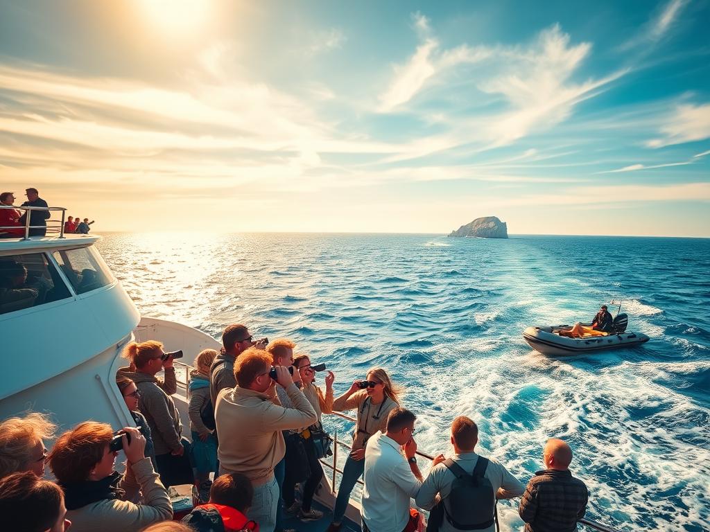 A sweeping seascape with a research vessel cutting through azure waves, its deck bustling with explorers engaged in a variety of maritime activities. In the foreground, a group of passengers peering over the railing, binoculars in hand, scanning the horizon for marine life. Midground, a team of scientists intently examining samples collected from the surrounding waters, their expressions one of fascination and discovery. In the background, a Zodiac inflatable launching from the ship's stern, its occupants heading off on a closer inspection of a nearby rocky outcrop. Warm, golden sunlight filters through wispy clouds, casting a soft, adventurous glow over the entire scene. The overall mood is one of excitement, curiosity, and the thrill of exploration on the high seas.