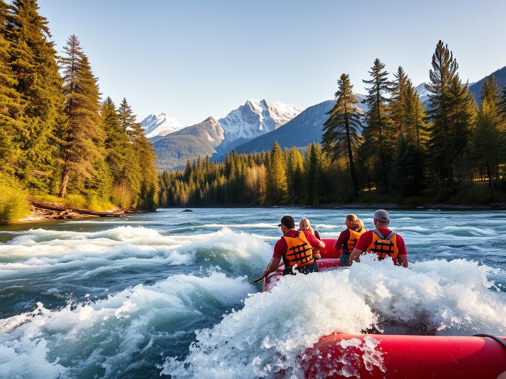 A thrilling white-water rafting scene set against the picturesque German countryside. In the foreground, a raft navigates a raging river, its occupants bracing themselves as they expertly maneuver through the churning rapids. The middle ground reveals lush, verdant banks lined with towering pine trees, their branches swaying gently in the breeze. In the distant background, rugged, snow-capped mountains rise majestically, creating a breathtaking backdrop for this adrenaline-fueled adventure. The scene is bathed in warm, golden sunlight, casting a serene and invigorating atmosphere. A sense of exhilaration and the natural beauty of Germany's wild waterways permeate the image.