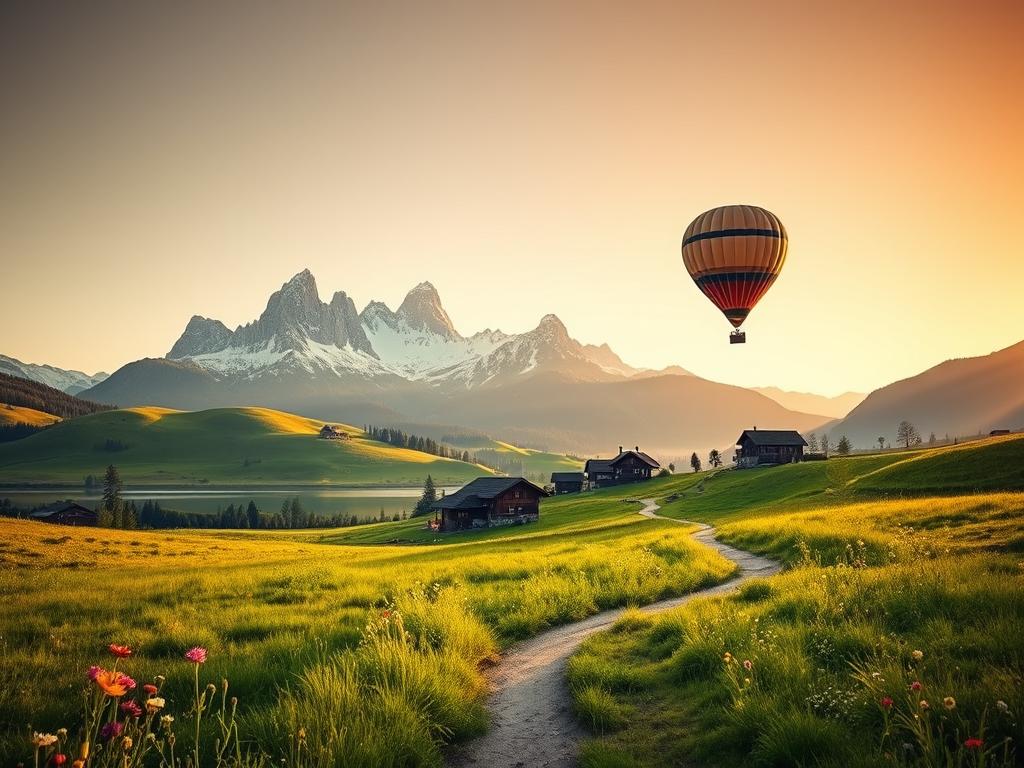 A tranquil German countryside scene, bathed in soft, warm light. In the foreground, a winding path leads through a lush, verdant meadow dotted with vibrant wildflowers. Towering, snow-capped peaks rise in the distance, their rugged majesty reflected in a serene lake. Rustic, timber-framed houses peek out from between rolling hills, exuding a sense of timeless peace and relaxation. A hot air balloon drifts lazily overhead, casting a gentle shadow on the landscape below. The entire scene evokes a sense of therapeutic, restorative travel, inviting the viewer to immerse themselves in the natural beauty and serenity of Germany.