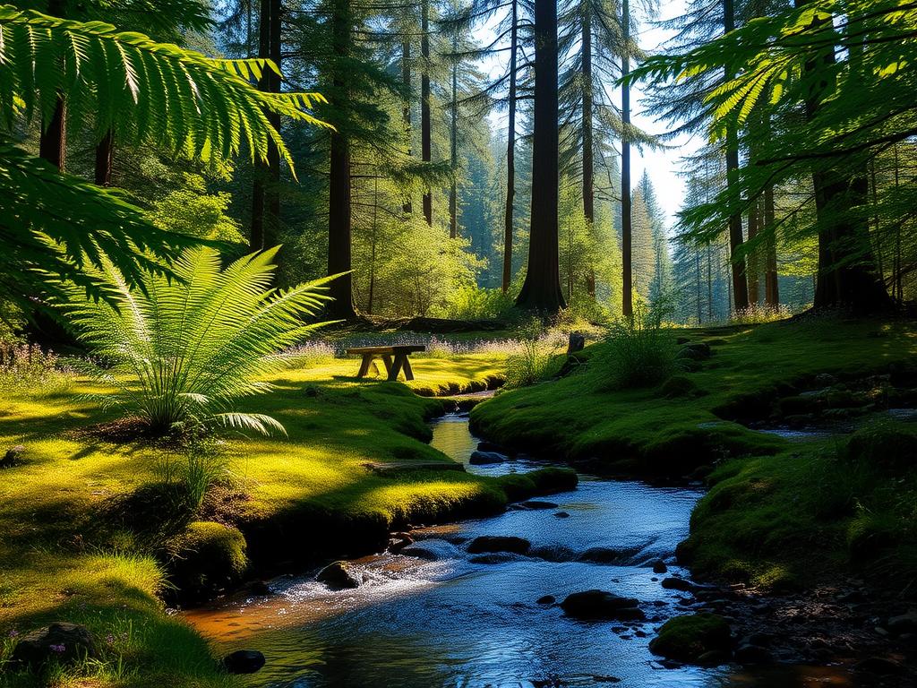 A tranquil forest glade on a sun-dappled afternoon, dense foliage casting soft shadows on the mossy ground. In the foreground, a meandering stream babbles gently, its surface reflecting the greens and browns of the surrounding landscape. Majestic fern fronds and wildflowers sway in a gentle breeze, creating a sense of peaceful serenity. In the middle ground, a wooden bench invites visitors to pause and take in the calming atmosphere, while the background features towering trees reaching up to a hazy blue sky. The overall mood is one of restorative relaxation, a perfect scene to illustrate the concept of "Entspannende Aktivitäten für zwischendurch".