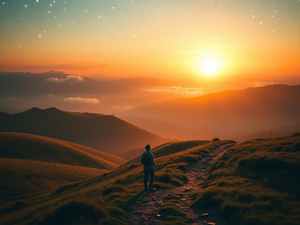 A tranquil landscape of rolling hills and meadows, bathed in the warm glow of an ethereal sunset. In the foreground, a lone traveler stands at the edge of a winding path, gazing up at the glimmering stars that seem to dance across the vast, mystical sky. A sense of wonder and introspection permeates the scene, inviting the viewer to embark on a spiritual journey of their own. Wisps of mist cling to the distant peaks, hinting at the hidden wonders that await beyond the horizon. Through this dreamy, evocative composition, the viewer is transported to a realm where the mundane and the mythical coexist, inspiring a deeper connection with the natural world and the mysteries of the universe.