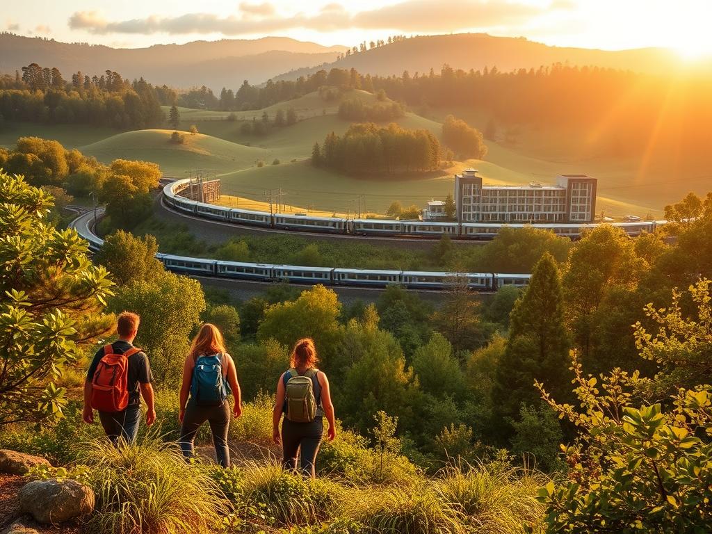 A tranquil landscape showcasing sustainable travel in the future. In the foreground, a group of eco-conscious travelers explores a lush, verdant forest, their backpacks and gear blending seamlessly with the natural surroundings. In the middle ground, a scenic train winds its way through rolling hills, powered by renewable energy. In the background, a modern, energy-efficient hotel complex nestles among the trees, its architecture designed to minimize environmental impact. Warm, golden sunlight filters through the canopy, casting a serene glow over the entire scene. The overall atmosphere conveys a sense of harmony between human activity and the natural world, embodying the ethos of sustainable tourism.