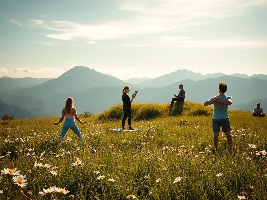 A tranquil meadow on a sun-dappled day, featuring a group of travelers exploring various therapeutic activities. In the foreground, a couple practices gentle yoga poses amidst blooming wildflowers. In the middle ground, a hiker pauses to sketch the surrounding landscape, while others meditate on a nearby hillock. The background showcases a picturesque mountain range, with wispy clouds drifting overhead. Soft, warm lighting filters through the scene, evoking a sense of inner peace and rejuvenation. The composition captures the essence of travel as a means of personal growth and healing.