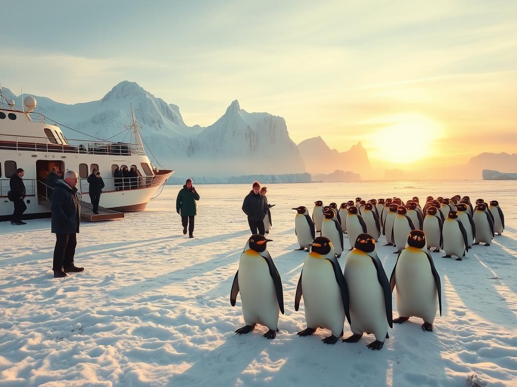 A tranquil scene of sustainable tourism in the Antarctic, captured with a wide-angle lens. In the foreground, a group of eco-conscious travelers disembarking from a small, eco-friendly expedition cruise ship, mindfully exploring the pristine, snow-covered landscape. The middle ground features a herd of majestic emperor penguins waddling across the ice, their curious eyes observing the visitors. In the background, towering glaciers and icebergs reflect the soft, golden light of the midnight sun, creating a serene and awe-inspiring atmosphere. The overall mood conveys a sense of reverence, harmony, and a deep appreciation for the fragile Antarctic ecosystem.