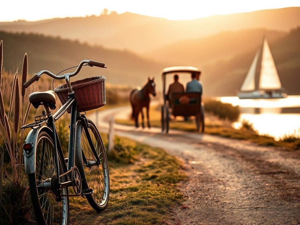 A tranquil scene of transport for slow travel, highlighting the leisurely pace of exploration. In the foreground, a vintage bicycle with sturdy tires and a wicker basket sits next to a quaint country path. The middle ground features a horse-drawn carriage, its occupants gazing out at the lush, rolling hills. In the distance, a small sailboat glides across a serene lake, its white canvas sails catching the soft, golden light of the setting sun. The atmosphere is one of unhurried discovery, inviting the viewer to savor the journey rather than rush to the destination. Warm, muted tones create a sense of timelessness, while the careful composition draws the eye through the layered elements.