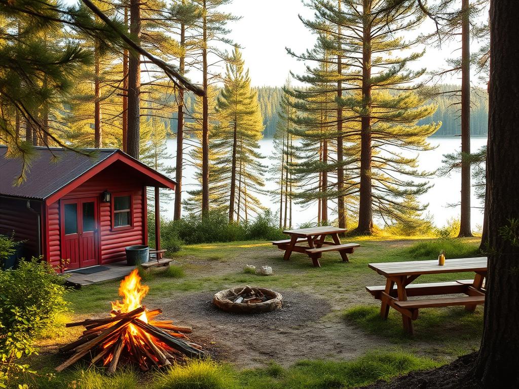 A tranquil summer scene in the Swedish wilderness. In the foreground, a cozy wooden cabin nestled amid lush greenery, its red-painted exterior and rustic charm inviting exploration. The middle ground features a crackling campfire, surrounded by simple wooden benches and a picnic table, hinting at relaxed gatherings under the open sky. In the background, a serene lake reflects the surrounding pine trees, their verdant boughs swaying gently in the breeze. Soft, warm lighting filters through the scene, creating a sense of peaceful seclusion and natural harmony. The overall mood is one of idyllic escape, an opportunity to disconnect and immerse oneself in the beauty of the Swedish outdoors.