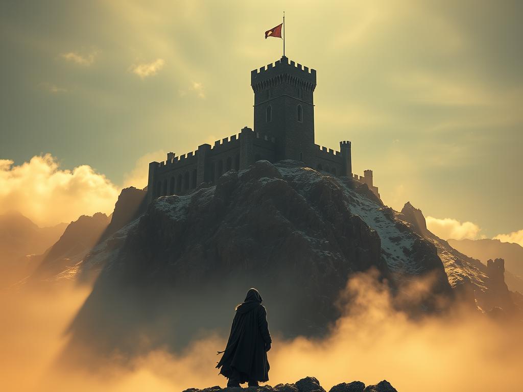 A vast, ancient castle stands atop a rugged, snow-capped mountain, its weathered towers piercing the misty, golden-hued sky. In the foreground, a lone figure, cloaked in a tattered robe, gazes up at the imposing structure, captivated by the weight of history and legend that it holds. The castle's shadow casts a long, ominous silhouette across the rocky terrain, hinting at the mysteries and secrets that have accumulated within its walls over the centuries. Specks of sunlight filter through the mist, casting a warm, ethereal glow over the scene, evoking a sense of wonder and timelessness. The composition is balanced, with the castle's majestic presence commanding the attention, while the solitary figure adds a sense of human scale and contemplation.