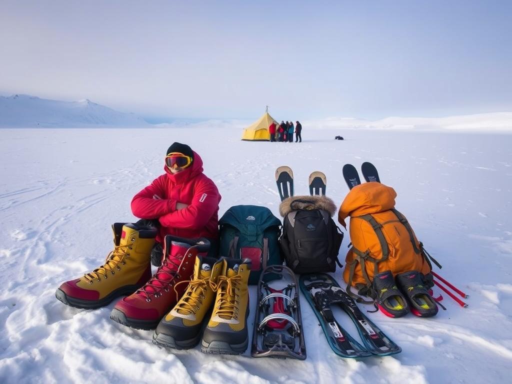A vast expanse of ice and snow, the Antarctic landscape stretches out before us. In the foreground, a collection of specialized equipment lies neatly arranged - sturdy boots with deep treads, insulated parkas in vibrant hues, and hardy backpacks built to withstand the harshest conditions. Nearby, a pair of snowshoes and a sturdy pair of skis stand ready, their surfaces gleaming in the soft, diffused light. In the middle ground, a tent stands tall, its fabric rippling gently in the crisp, biting wind. Beyond it, a team of explorers can be seen, their faces obscured by thick goggles and scarves, embarking on their journey to the bottom of the world. The scene is filled with a sense of adventure and the thrill of the unknown, perfectly capturing the spirit of a true South Pole expedition.