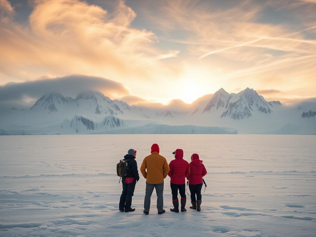 A vast, frozen expanse of the Antarctic continent stretches out before the viewer, with towering glaciers and jagged peaks in the distance. In the foreground, a group of adventurous travelers, bundled in warm clothing, stand in awe of the breathtaking landscape. The scene is illuminated by a soft, golden light filtering through wispy clouds, casting a serene and awe-inspiring atmosphere. The image captures the essence of an Antarctic expedition, inviting the viewer to imagine the thrill and wonder of exploring this remote, untamed wilderness. The composition draws the eye towards the center, where the travelers stand as the focal point, highlighting the importance of choosing the right expedition provider to ensure a safe and memorable journey.