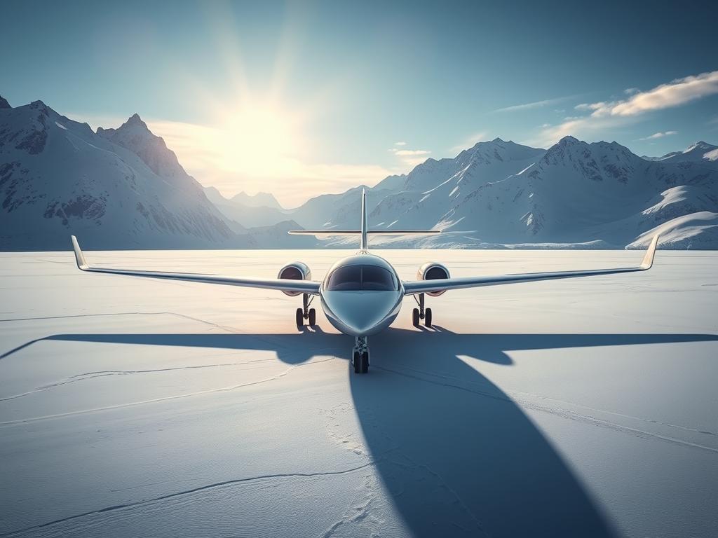 A vast, icy expanse stretches before a futuristic aircraft, its sleek design gleaming in the bright arctic sunlight. The plane, a vision of advanced aviation technology, hovers gracefully above the snow-covered landscape, ready to transport passengers on a thrilling journey to the majestic North Pole. In the background, towering glaciers and snow-capped peaks rise, creating a breathtaking panorama that captures the raw, untamed beauty of this remote, otherworldly destination. The scene evokes a sense of adventure, exploration, and the triumph of human ingenuity in conquering the challenges of the harshest environments on Earth.