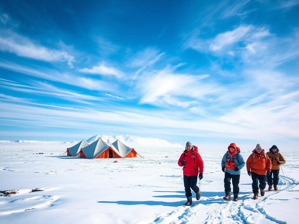 A vast, rugged landscape of ice and snow stretches out before the viewer, with the iconic silhouette of the South Pole looming in the distance. In the foreground, a team of explorers, bundled in thick parkas and snow boots, trudges through the pristine, windswept terrain, their faces weathered by the harsh Antarctic conditions. Overhead, a brilliant, azure sky is streaked with wispy cirrus clouds, casting a soft, diffused light across the scene. In the middle ground, a cluster of sturdy expedition tents stands as a testament to the determination and resilience of the adventurers, their fabric gently billowing in the icy breeze. The image conveys a sense of adventure, exploration, and the awe-inspiring grandeur of the untamed, frozen wilderness that is the South Pole.