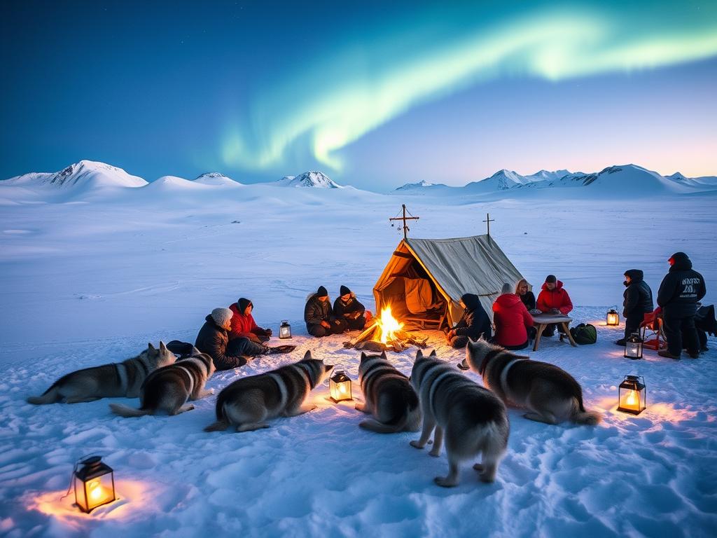 A vast, sprawling landscape of pristine, snow-covered peaks, the majestic South Pole expedition camp nestled amidst the serene, icy expanse. Rugged explorers gathered around a roaring fire, sharing stories and planning their next adventure, the aurora borealis dancing across the night sky. In the foreground, a team of huskies rests, their breath visible in the crisp, frigid air. The scene is bathed in the warm, golden glow of lanterns, casting a cozy, inviting atmosphere, inviting the viewer to experience the thrill and wonder of this remote, untamed destination.