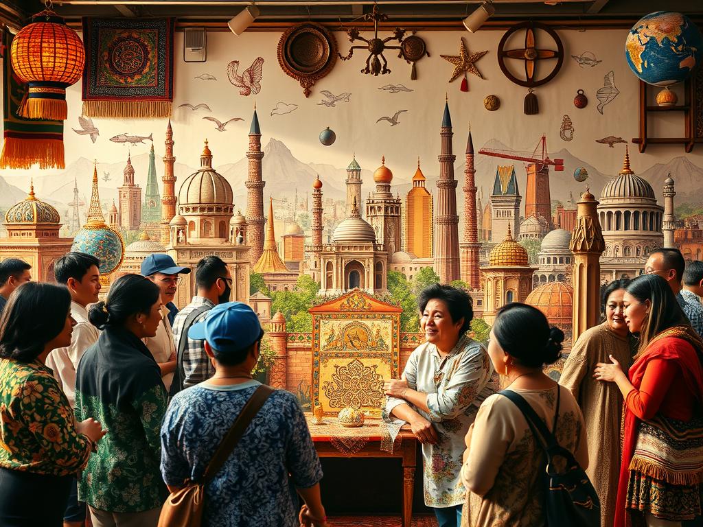 A vibrant and detailed scene depicting "Lessons and Insights About Cultures". In the foreground, a group of people from diverse backgrounds engage in lively discussions, sharing stories and exchanging ideas. The middle ground showcases intricate cultural artifacts, textiles, and artwork, representing the richness of global traditions. In the background, a backdrop of iconic landmarks and landscapes from around the world, creating a sense of interconnectedness and global perspectives. Warm, natural lighting casts a welcoming glow, and the composition is framed with a sense of discovery and exploration. The overall mood is one of cultural exchange, understanding, and the joy of learning about the human experience across different societies.