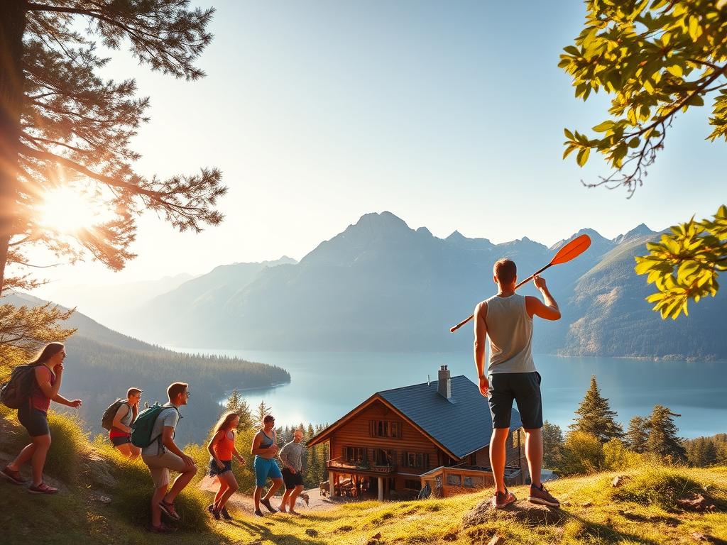 A vibrant and energetic scene of an "Aktivurlaub für Singles" unfolds before the viewer. In the foreground, a group of young, fit individuals engage in various outdoor activities - hiking, rock climbing, and kayaking - against the backdrop of a picturesque mountain landscape. Sunlight filters through the trees, casting a warm, golden glow over the scene. The middle ground features a cozy, rustic lodge, where singles can gather and socialize after their adventures. In the background, a serene lake reflects the majestic peaks, creating a sense of tranquility and natural beauty. The overall atmosphere is one of camaraderie, exploration, and the pursuit of an active, fulfilling lifestyle for solo travelers.