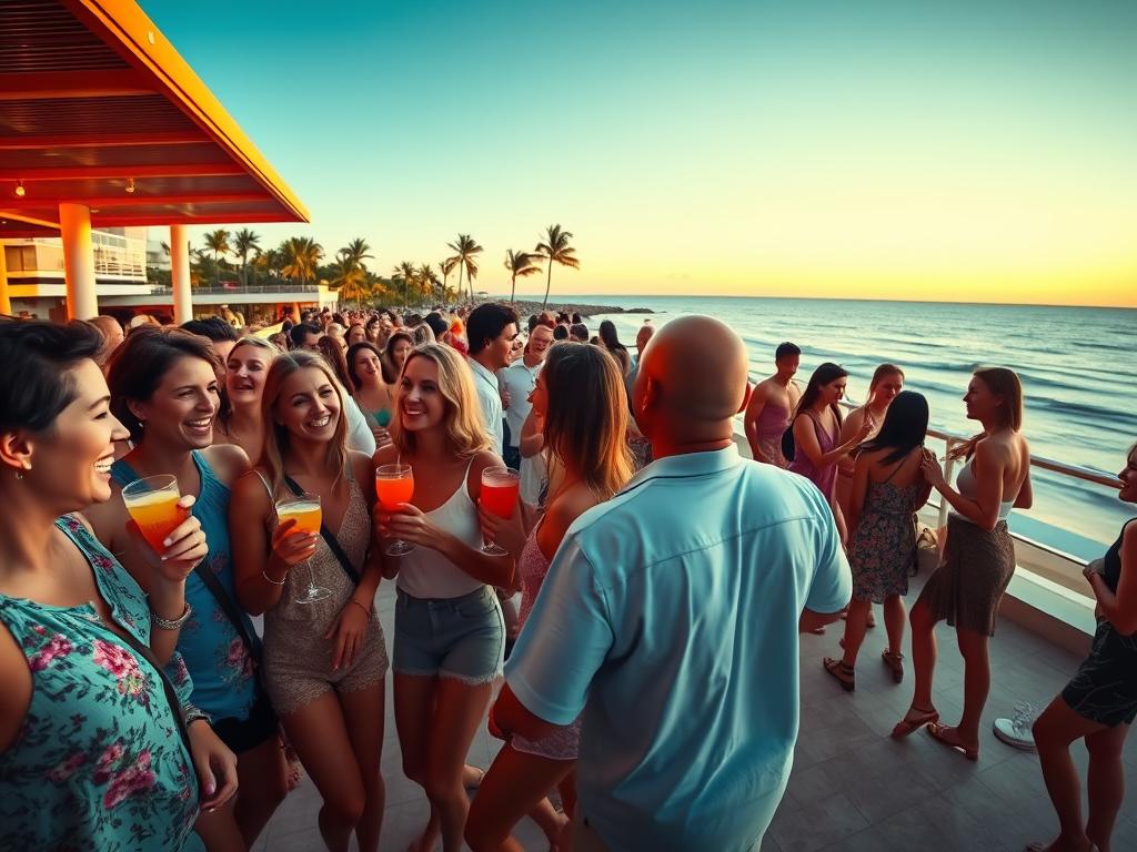 A vibrant and inviting scene of a beach getaway for singles over 30, captured through a wide-angle lens. In the foreground, a group of friends laugh and converse, sipping colorful cocktails under the warm glow of the setting sun. In the middle ground, a lively dance floor beckons, with couples and solo travelers swaying to the rhythmic beats of an upbeat soundtrack. The background reveals a stunning ocean vista, with gentle waves lapping at the shore and a picturesque coastline dotted with palm trees, creating a serene and relaxing atmosphere. The overall mood is one of carefree enjoyment, social connection, and the pursuit of new experiences, perfectly capturing the appeal of a singles' vacation for the 30+ crowd.