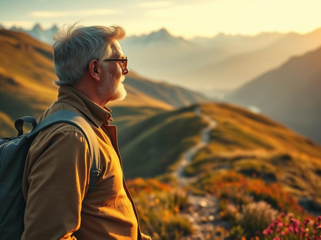 A vibrant and serene image of a solo traveler, aged 50 or over, exploring a breathtaking landscape. The foreground features a well-dressed individual, brimming with a sense of adventure, gazing out at a vast, picturesque vista. The middle ground showcases a winding path leading through lush, rolling hills, dotted with vibrant wildflowers. The background is dominated by majestic, snow-capped mountains, bathed in warm, golden light, creating a serene and inviting atmosphere. The lighting is soft and natural, enhancing the sense of wonder and exploration. The camera angle is slightly elevated, allowing the viewer to share in the traveler's perspective and sense of freedom and discovery.