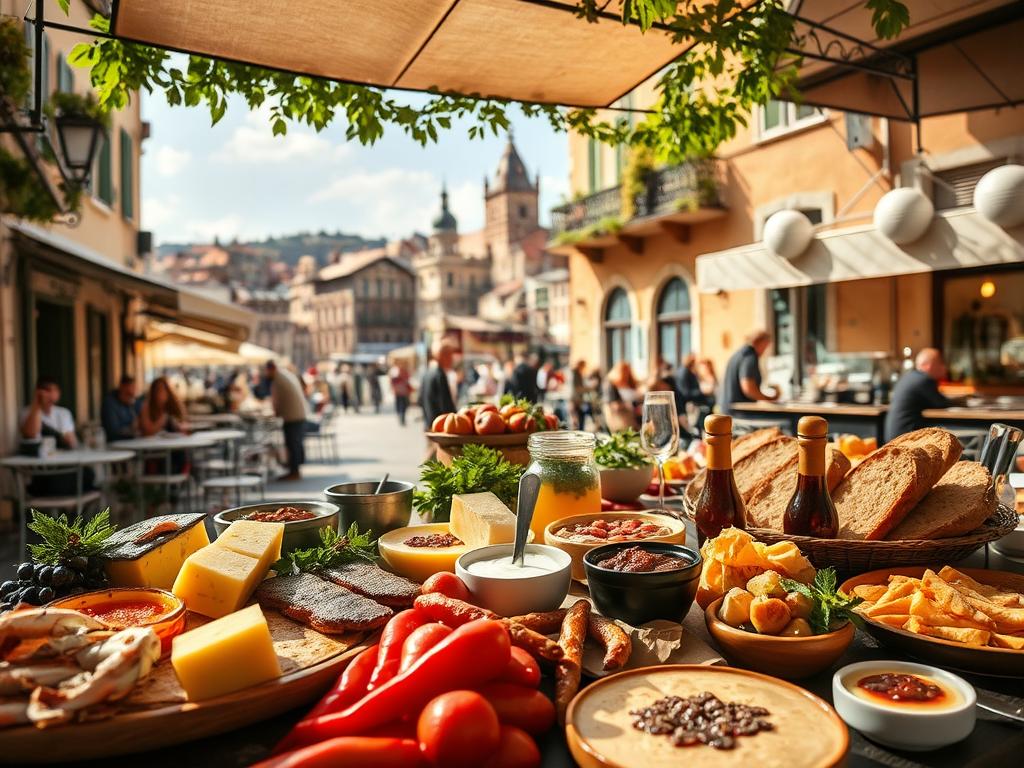 A vibrant culinary journey through the heart of Europe, where chefs and artisans craft delectable delights. In the foreground, a sumptuous spread of regional specialties - fresh seafood, aged cheeses, crusty breads, and rich desserts. In the middle ground, sun-dappled cafés and bustling markets, filled with the aroma of simmering sauces and fragrant spices. In the background, the timeless architecture of historic cities, a tapestry of cultures and traditions. Soft, warm lighting illuminates the scene, capturing the cozy, convivial atmosphere of shared meals and unforgettable experiences. A feast for the senses, inviting the viewer to savor the culinary treasures of the European continent.