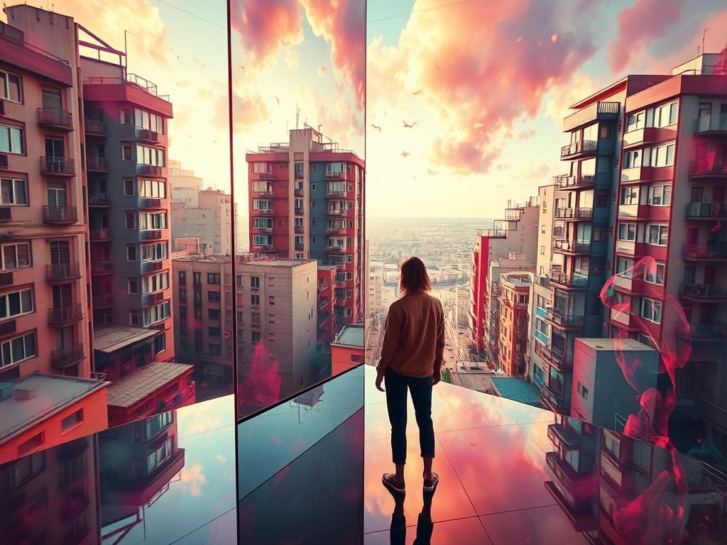 A vibrant, dream-like cityscape where buildings and streets intertwine, forming a kaleidoscope of new perspectives. Soft, warm lighting bathes the scene, creating a sense of wonder and discovery. In the foreground, a figure stands facing a mirrored surface, their reflection distorted, symbolizing the act of "learning from other perspectives." The middle ground features abstract shapes and forms, hinting at the fluid nature of perception. In the background, a distant horizon blends seamlessly with the sky, suggesting the endless possibilities of expanding one's viewpoint.
