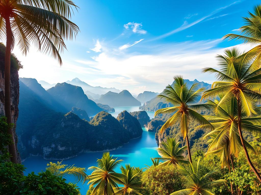 A vibrant landscape of exotic Asian destinations unfolds, capturing the essence of adventure. In the foreground, a serene blue lagoon nestled between towering, verdant cliffs. Lush palm trees sway gently in the soft breeze, their fronds creating a natural canopy. Farther in the distance, snow-capped peaks pierce the horizon, their majestic presence commanding attention. Warm, golden sunlight filters through wispy clouds, casting a dreamlike glow over the entire scene. The overall atmosphere exudes a sense of tranquility and wonder, inviting the viewer to embark on a captivating journey through the hidden gems of Asia.
