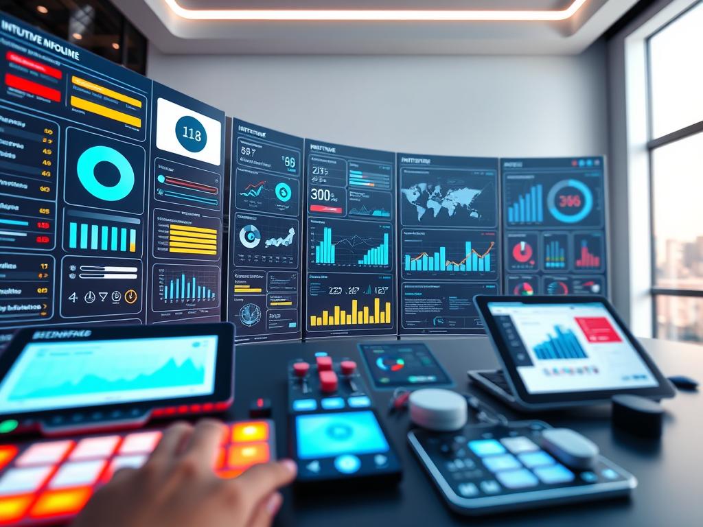 A vibrant, modern digital interface with interactive elements prominently displayed. The foreground features a collection of intuitive UI components such as buttons, sliders, toggles, and drop-down menus, all illuminated by soft, diffused lighting. The middle ground showcases various infographic-style data visualizations, charts, and graphs, inviting the viewer to explore and engage with the content. The background presents a minimalist, clean design with subtle gradients and geometric shapes, creating a sense of depth and emphasizing the interactive nature of the scene. Captured with a wide-angle lens to provide an immersive, user-centric perspective, the overall atmosphere conveys a sense of discovery, interactivity, and technological sophistication.
