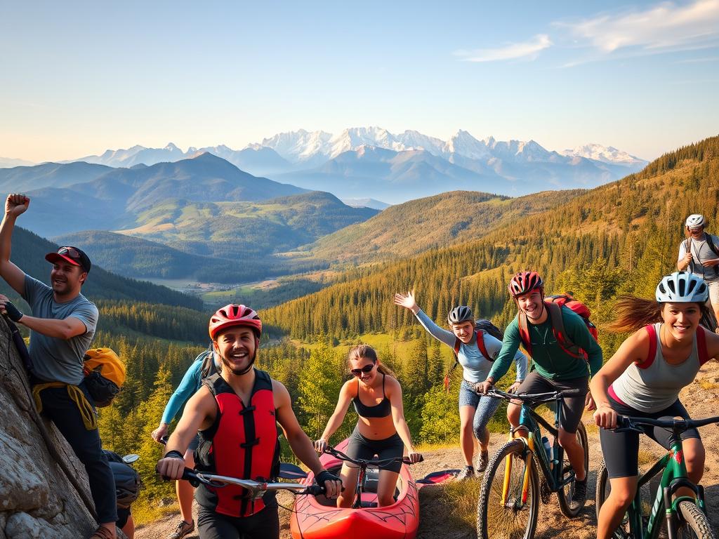 A vibrant outdoor scene showcasing a group of active singles engaged in various adventure sports activities against a backdrop of a breathtaking natural landscape. In the foreground, a diverse group of men and women in activewear are shown rock climbing, kayaking, and mountain biking, their faces filled with excitement and camaraderie. The middle ground features lush, verdant forests and rolling hills, while the distant background reveals majestic snow-capped peaks bathed in warm, golden sunlight. The overall atmosphere exudes a sense of freedom, exploration, and the thrill of discovering new experiences, perfectly capturing the spirit of "Aktivreisen für Singles" for the solo traveler.