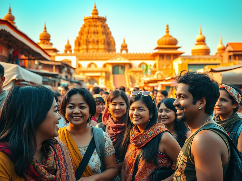 A vibrant scene of cultural exploration, bathed in warm, golden light. In the foreground, a group of diverse travelers immersed in lively conversation, their facial expressions conveying a sense of wonder and curiosity. The middle ground showcases a bustling marketplace, with colorful stalls, intricate textiles, and the aroma of exotic spices filling the air. In the background, a striking architectural backdrop, perhaps an ornate temple or historic monument, stands as a testament to the rich cultural heritage of the region. The overall atmosphere evokes a spirit of discovery, where differences are celebrated, and new perspectives are embraced.