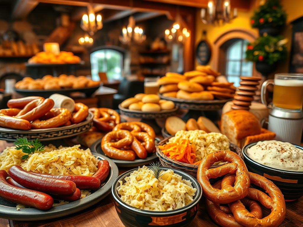 A vibrant scene showcasing the culinary delights of Germany. In the foreground, an array of traditional dishes - hearty sausages, sauerkraut, pretzels, and rich, creamy potato salad. The midground features overflowing platters of baked goods, from fragrant breads to decadent pastries. In the background, a cozy, rustic interior with wooden beams, warm lighting, and the faint aroma of freshly brewed beer. The overall atmosphere is one of comforting, homespun indulgence, capturing the essence of Germany's renowned gastronomic heritage. Crisp, high-resolution photography, with a focus on texture, color, and mouthwatering detail.